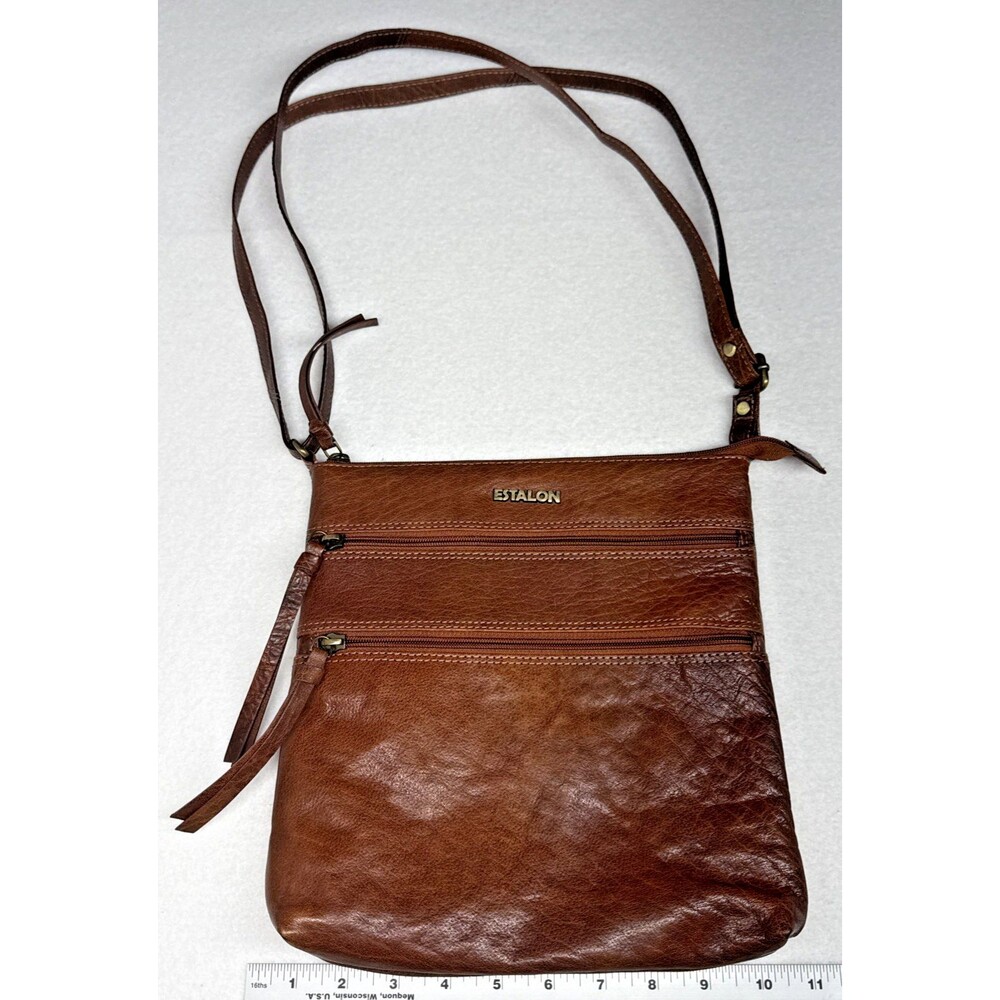 Estalon Leather Crossbody Bag Brown Slim Organizer Purse Multi Zip Women's